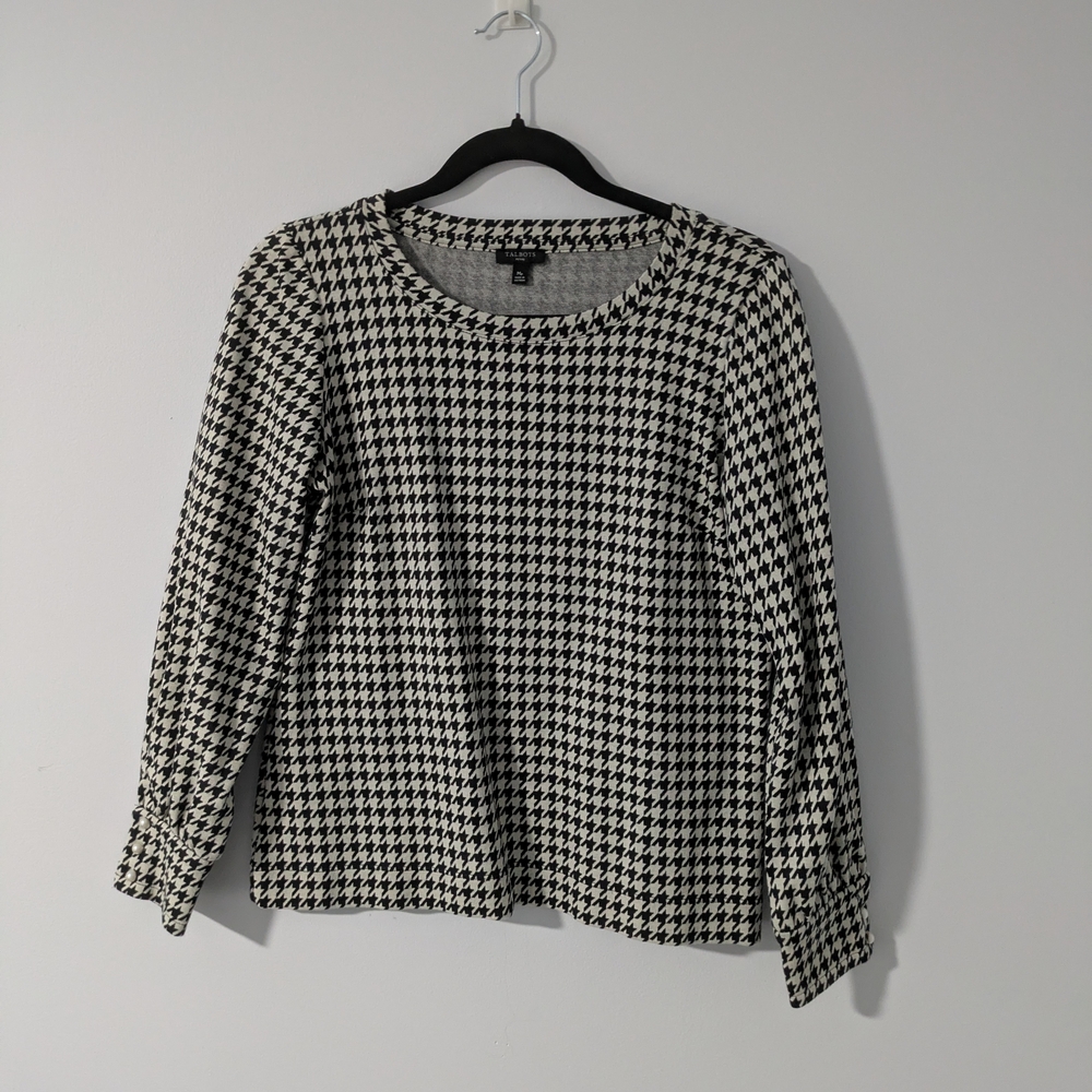 Talbots Black and White Houndstooth Long Sleeve Top